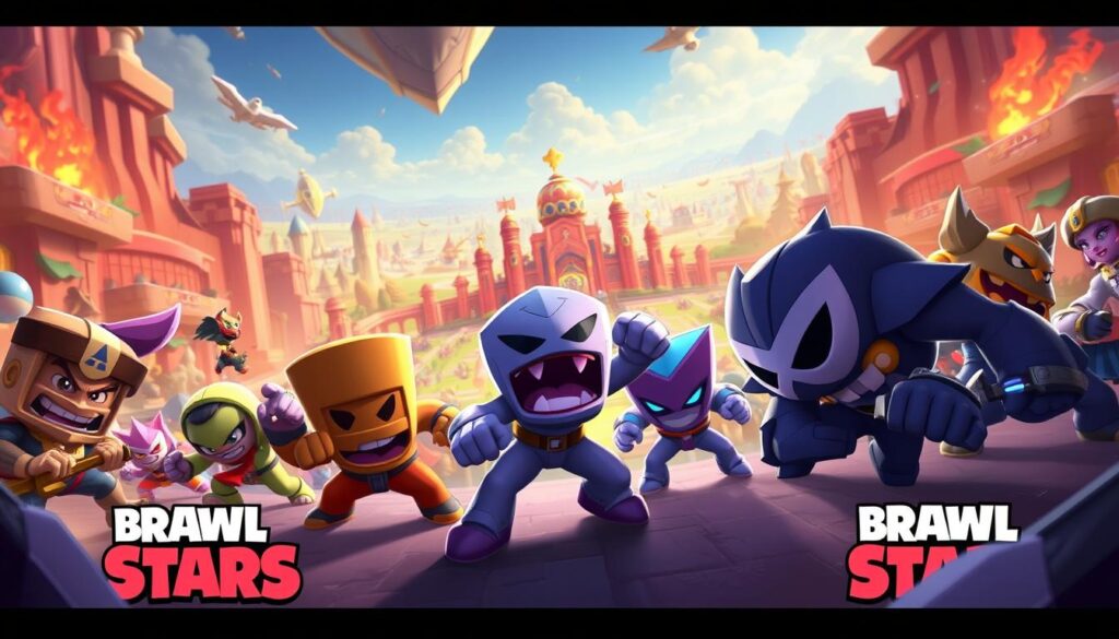A dynamic and vibrant scene featuring the beloved Brawl Stars characters, also known as Brawlers, against a richly detailed background. In the foreground, a group of iconic Brawlers, each with their unique personalities and combat styles, engaged in an intense brawl. The Brawlers are rendered with meticulous detail, showcasing their distinct visual designs, vibrant colors, and expressive poses. The middle ground features a sprawling Brawl Stars arena, with dynamic lighting and intricate environmental elements that immerse the viewer in the game's distinctive visual aesthetic. In the background, a captivating cityscape or landscape sets the stage, reflecting the diverse and imaginative world of Brawl Stars. The overall composition conveys the high-energy, competitive spirit of the game, inviting the viewer to feel the thrill of the brawl.