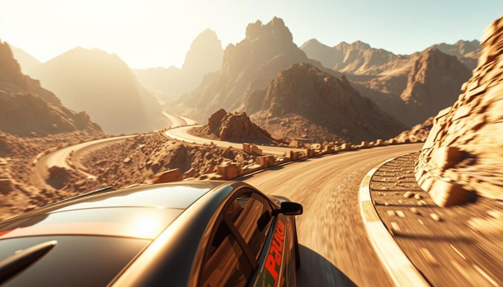 A high-intensity car race through a winding mountain course, captured in a dynamic, cinematic style. In the foreground, a sleek, high-performance rally car hugs the curves, its engine roaring as the driver navigates the challenging terrain. The middle ground reveals the rugged, rocky landscape, with steep cliffs and sharp turns that test the limits of the vehicle's handling. In the background, towering peaks stretch towards the sky, casting dramatic shadows and creating a sense of scale and grandeur. The scene is bathed in warm, golden light, heightening the sense of speed and adrenaline. The overall composition conveys the thrilling, heart-pounding experience of the game's physics-driven gameplay.