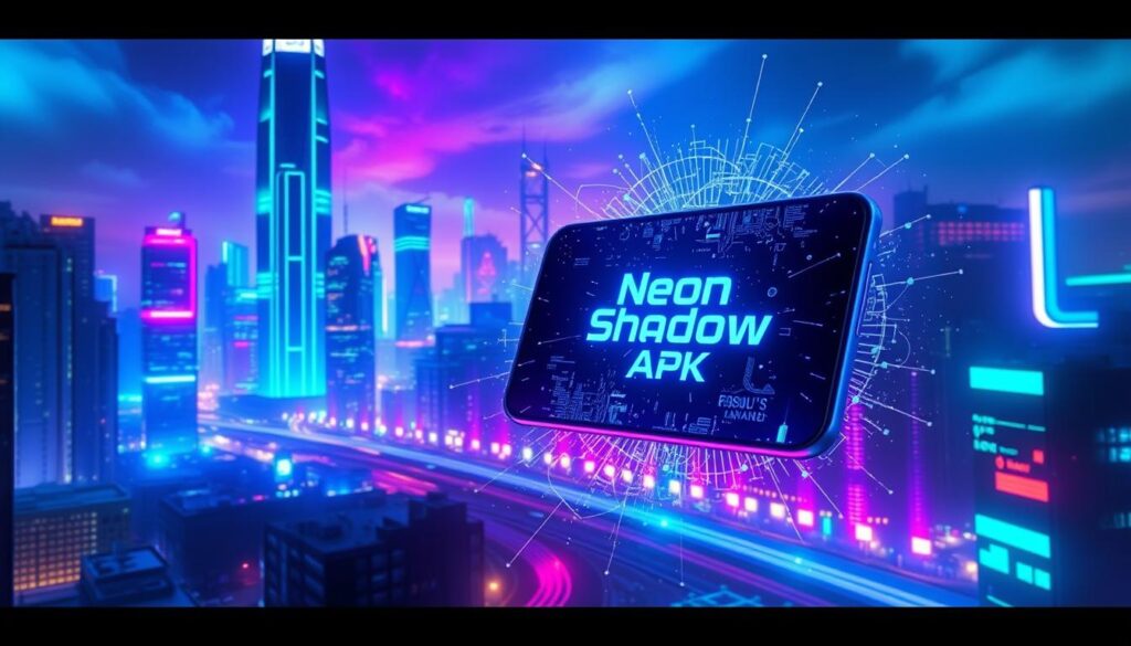 A neon-infused cyberpunk landscape, featuring a towering city skyline illuminated by vibrant hues of electric blues, greens, and purples. In the foreground, a sleek, futuristic smartphone with a glowing, holographic interface hovers amidst a swirl of digital particles and data streams. The device's screen displays the "Neon Shadow APK" logo, casting a mesmerizing glow across the urban environment. The scene is bathed in a dramatic, moody lighting, creating a sense of mystery and technological wonder. The overall composition conveys the advanced features and cutting-edge technology of the "Neon Shadow APK" application.