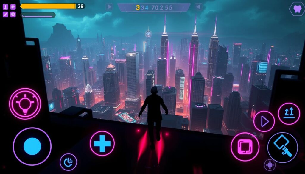 A neon-lit scene of a multiplayer mobile game interface. In the foreground, glowing icons and UI elements float against a shadowy backdrop, hinting at the game's futuristic, cyberpunk aesthetic. The middle ground features a stylized player avatar, its movements blurred to convey a sense of fast-paced action. In the background, a sprawling cityscape of towering skyscrapers and neon-drenched streets creates an immersive, atmospheric setting. Dramatic lighting casts dramatic shadows, enhancing the sense of depth and drama. The overall composition evokes the excitement and intensity of a high-stakes multiplayer gaming experience.