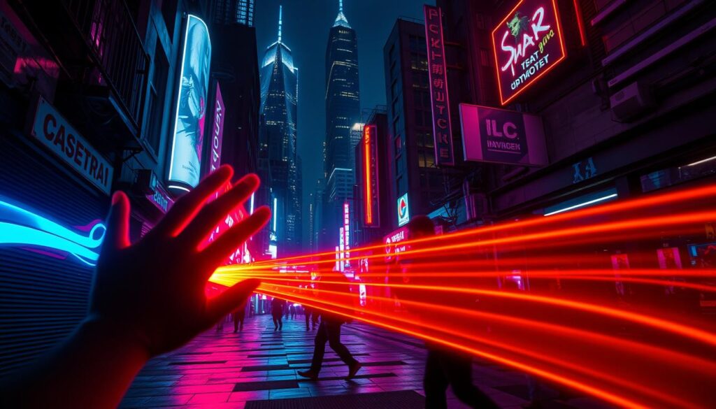 A neon-lit urban landscape at night, with shadowy figures moving across the scene. In the foreground, vibrant neon-colored shapes and trails emanate from the tips of fingers and hands, creating a mesmerizing display of light and movement. The middle ground features a dimly lit alleyway or city street, with the neon shadows casting an ethereal glow on the surrounding environment. In the background, towering skyscrapers and billboards illuminate the nighttime skyline, adding to the futuristic, cyberpunk-inspired atmosphere. The lighting is a mix of cool, neon hues and warm, incandescent tones, creating a visually striking and captivating image.