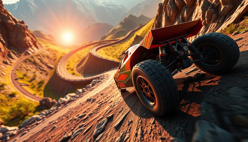 A physics-based racing game set on a winding, mountainous track. The camera captures the action from a low, dynamic angle, highlighting the car's powerful engine, sturdy suspension, and sleek aerodynamic design. Vibrant colors and dramatic lighting create an intense, adrenaline-fueled atmosphere, with the sun casting long shadows across the terrain. The car navigates steep inclines, sharp turns, and precarious jumps, its tires gripping the rough, rocky surface. The background features a lush, verdant landscape, with towering peaks in the distance. The overall mood is one of exhilaration, skill, and the thrill of competitive racing.