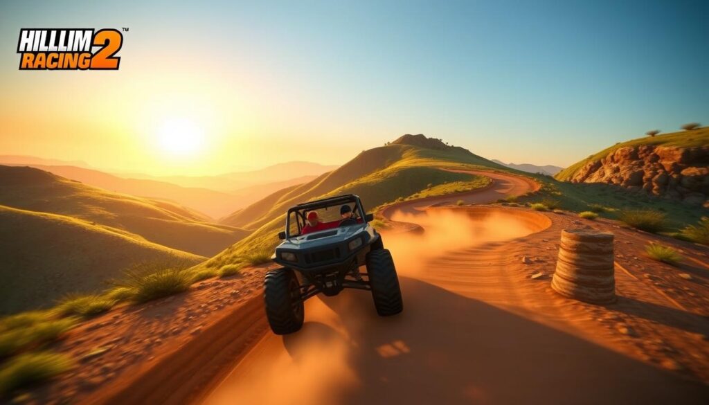 A picturesque hill climb scene from the mobile game "Hill Climb Racing 2". In the foreground, a rugged off-road vehicle navigates a winding dirt track, its wheels kicking up clouds of dust. The middle ground features lush, rolling hills dotted with sparse vegetation, creating a serene and natural backdrop. In the distance, a warm, golden sunset casts a soft, ambient glow over the entire landscape, evoking a sense of tranquility and adventure. The camera angle is low and dynamic, capturing the thrill and exhilaration of the hill climb racing experience. Realistic lighting and textures, with a focus on capturing the game's vivid, high-definition visual style.