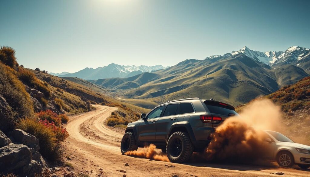 A rugged hillside landscape under a bright, sunny sky. In the foreground, a sleek, off-road vehicle navigating the steep, winding path, its tires kicking up dust as it climbs. The vehicle's design is detailed, with a bold, sporty aesthetic. The middle ground features lush, rolling hills dotted with vibrant vegetation, creating a sense of depth and natural beauty. In the background, majestic, snow-capped mountains rise up, framing the scene. The overall mood is one of adventure, challenge, and the thrill of conquering the terrain.
