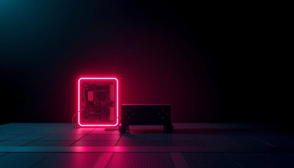 A sleek, modern neon shadow system against a dark, moody backdrop. In the foreground, a minimalist silhouette of the core system components, bathed in a vibrant neon glow. The middle ground features a subtle grid pattern, hinting at the underlying technological framework. In the background, a shadowy environment with hints of urban architecture, creating a sense of depth and atmosphere. Dramatic lighting casts dramatic shadows, emphasizing the "neon shadow" concept. The overall aesthetic is clean, futuristic, and evocative of the cutting-edge technology at the heart of the Neon Shadow APK.