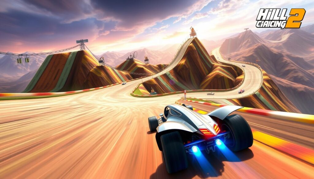 A thrilling physics-based racing game set on a dynamic, hilly terrain. In the foreground, a sleek, high-performance vehicle navigates the winding track, its wheels gripping the undulating surface. The middle ground features diverse obstacles and ramps, challenging the driver's skills and physics mastery. In the background, a vibrant, mountainous landscape with dramatic lighting and atmospheric effects, creating a sense of speed and exhilaration. The scene conveys the rush of Hill Climb Racing 2, where the laws of physics are both the player's obstacle and their ally.