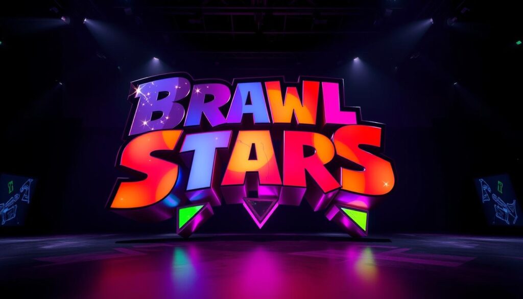 A vast, vibrant installation of the Brawl Stars logo, rendered in a dynamic, three-dimensional style. The logo, with its bold colors and sharp edges, appears to be constructed from various materials, including metallic, glass, and neon elements. The installation is set against a dark, moody background, with dramatic lighting that casts long shadows and highlights the intricate details of the design. The overall scene evokes a sense of energy, excitement, and the immersive world of the Brawl Stars game.