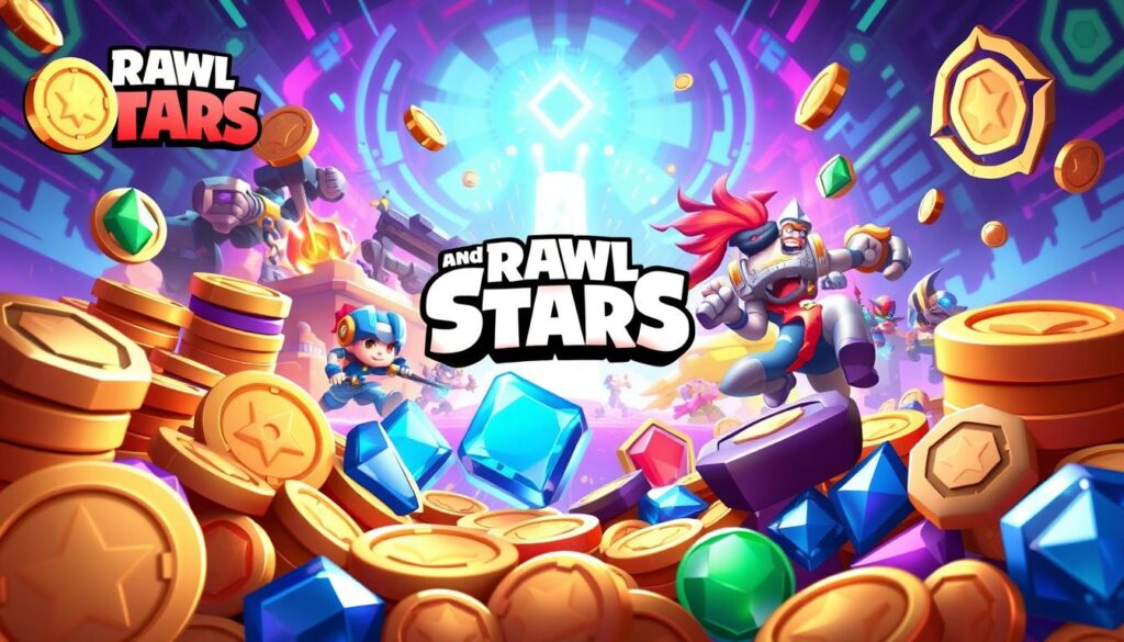 A vibrant and dynamic illustration of the Brawl Stars in-game currency, set against a backdrop of the game's signature visual style. Detailed foreground elements depict the various coins, gems, and other collectible items that make up the game's currency system, with a focus on their distinctive designs and textures. The middle ground features a lively action scene, showcasing Brawl Stars characters engaged in a fast-paced battle, adding a sense of energy and excitement. The background provides a stylized, futuristic setting with vibrant colors and intricate patterns, reflecting the game's sci-fi-inspired aesthetic. The overall composition conveys the thrill and rewards of Brawl Stars gameplay, with a strong emphasis on the game's diverse and visually appealing currency system.