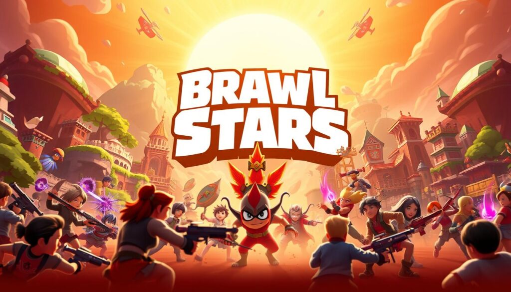 A vibrant, dynamic scene showcasing the diverse game modes of Brawl Stars. In the foreground, players engage in intense battles, their character models rendered with sharp detail and vivid expressions. The middle ground features a variety of iconic Brawl Stars environments, from the lush, verdant landscapes to the gritty urban settings, each brimming with interactive elements. In the background, a larger-than-life rendering of the Brawl Stars logo casts an imposing, yet visually striking presence, setting the tone for the game's high-energy, competitive spirit. The scene is illuminated by a warm, golden light, creating a sense of excitement and anticipation. The overall composition is well-balanced, drawing the viewer's eye to the action-packed gameplay at the center of the frame.