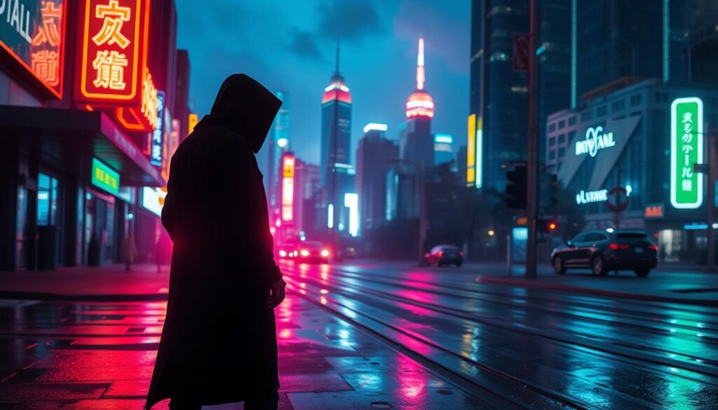 A vibrant neon-infused landscape at night, with a prominent shadowy figure in the foreground. The figure is shrouded in an aura of neon light, creating a moody, atmospheric scene. The background features a city skyline with towering skyscrapers and neon signs, their reflections dancing on the wet pavement. The lighting is dramatic, with harsh shadows and highlights that emphasize the contrast between the neon glow and the dark silhouette. The overall composition is dynamic, drawing the viewer's eye towards the central figure, while the surrounding environment sets the stage for a captivating download experience.