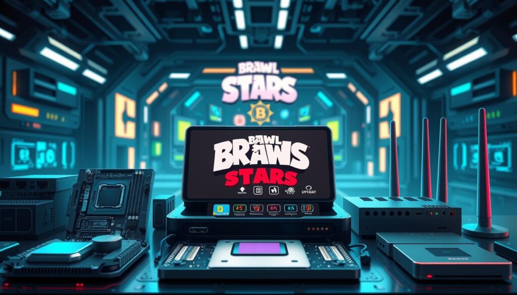 a highly detailed, realistic, and technical digital illustration of the hardware and software system requirements for the mobile game Brawl Stars. The image should showcase various computer components and networking devices in the foreground, such as a motherboard, processor, RAM, hard drive, and router, all arranged in a neatly organized layout. In the middle ground, there should be various app icons and UI elements representing the Brawl Stars game, with a clean, minimalist design. The background should depict a futuristic, high-tech environment with glowing lights, digital displays, and a sense of technological sophistication. The overall mood should be one of precision, efficiency, and the seamless integration of hardware and software. The lighting should be crisp and evenly distributed, with a slight cool tone to convey a professional, technical aesthetic.